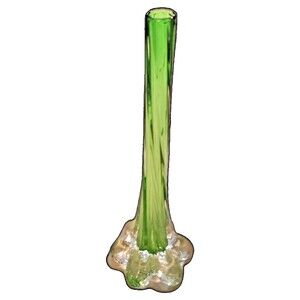 11" Art Glass spiral fluted Tulip vase green and clear glass